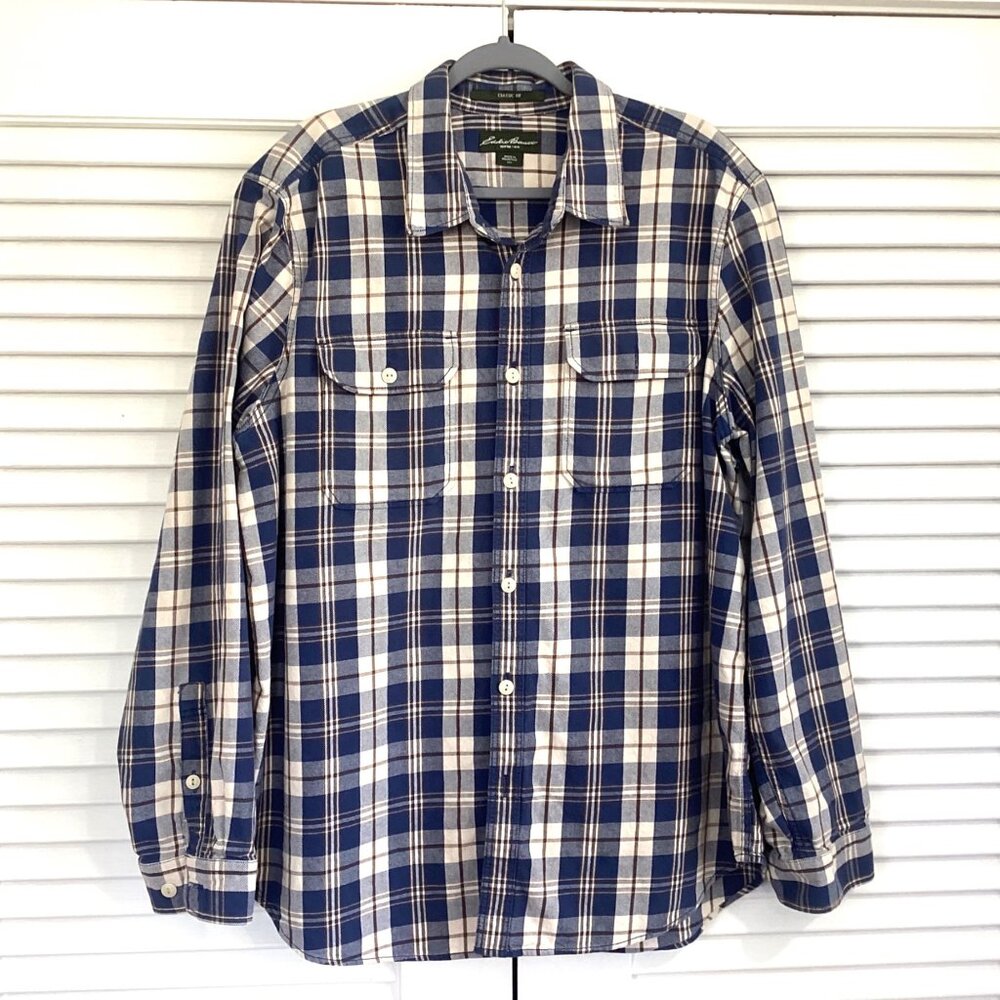 Eddie Bauer Mens Classic Fit Plaid Button-Down Shirt Size XXL 2XL Blue & Beige C